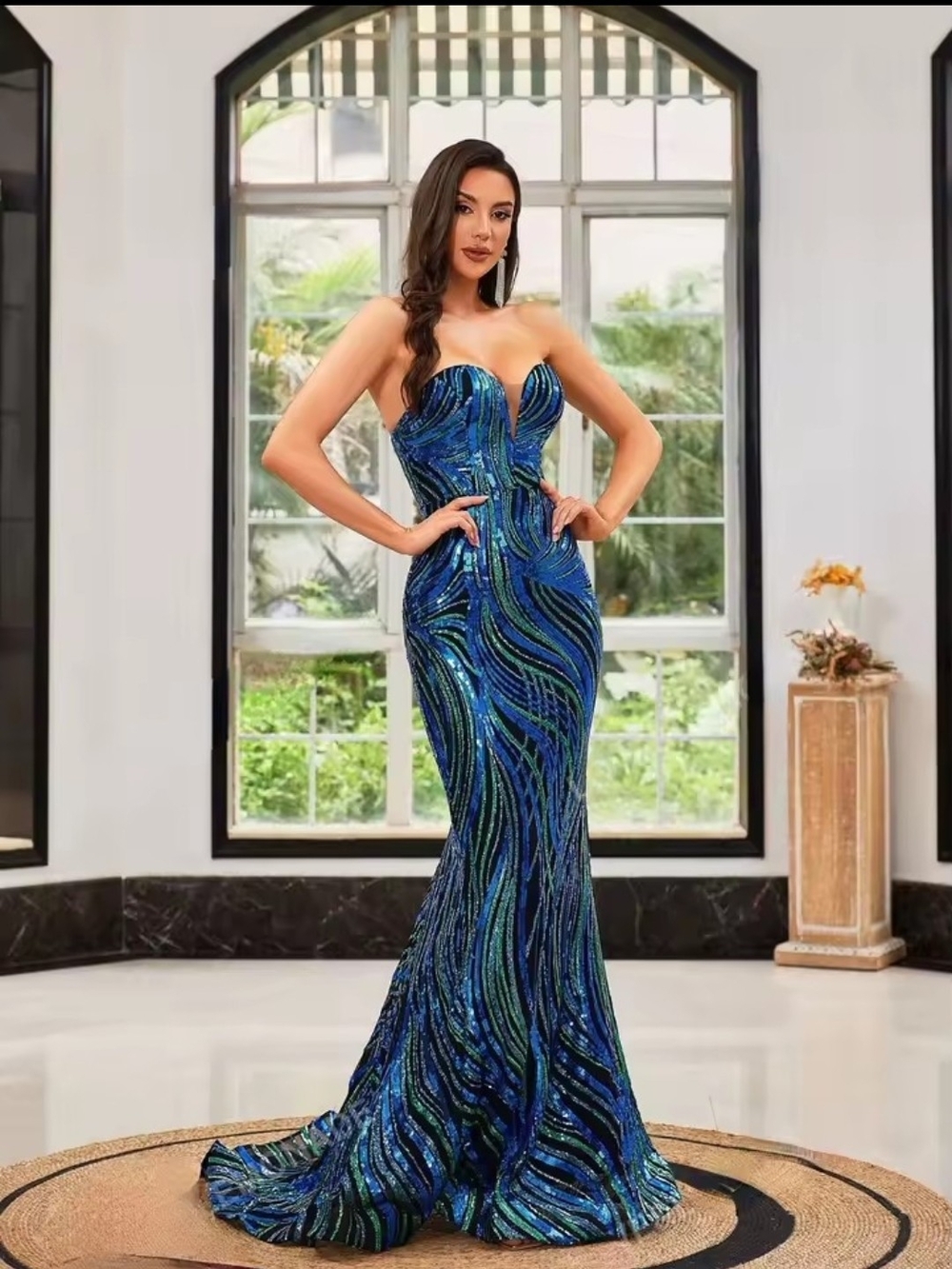 Strapless Blue & Green Sequin Mermaid Evening Dress